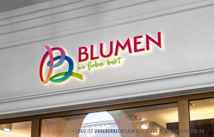 Logo bunter Buchstabe B Blumen Farbenfroh 3D Logo Fröhlich Biologisch Regenbogen Schleife Floral Blüte Künstler Kreativ Schleife Fertiges Logo kaufen LogoShop Logoatelier.eu