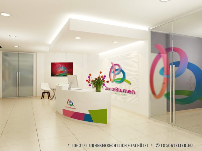 Logo bunter Buchstabe B Blumen Farbenfroh 3D Logo Fröhlich Biologisch Regenbogen Schleife Floral Blüte Künstler Kreativ Schleife Fertiges Logo kaufen LogoShop Logoatelier.eu