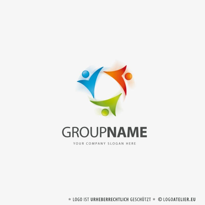 Logo Gruppe Menschen Menschengruppe Fliegen Bewegen Zusammenhalt Sportlich Freude Frei Familie Freunde Farbenfroh Gruppen Kinder Team Verein Fertiges Logo kaufen LogoShop LogoAtelier.eu