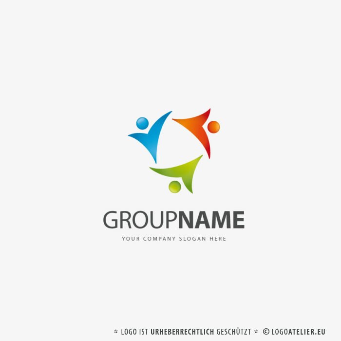 Logo Gruppe Menschen Menschengruppe Fliegen Bewegen Zusammenhalt Sportlich Freude Frei Familie Freunde Farbenfroh Gruppen Kinder Team Verein Fertiges Logo kaufen LogoShop LogoAtelier.eu