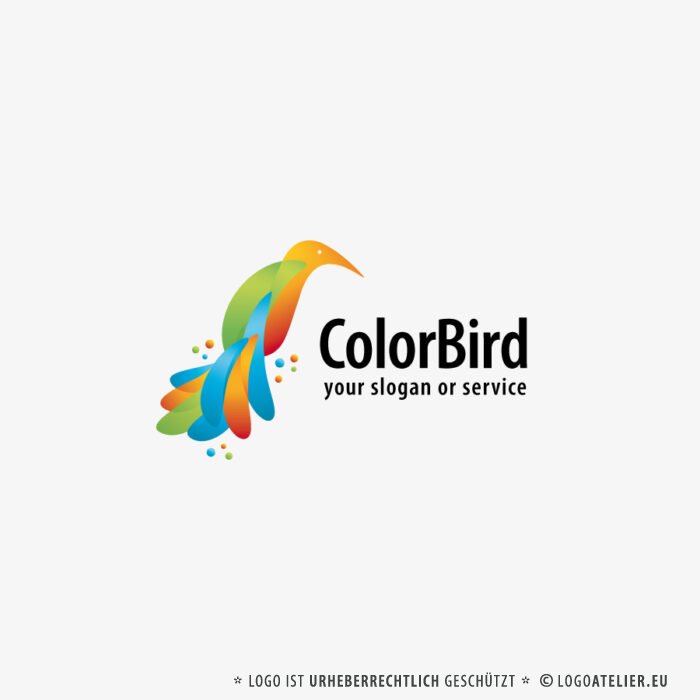 Logo Bunter Vogel Fliegen Frei Bunt Fantasie Flügel Kreativ Zauber Federn Weiblich Tiere Weisheit Wissen Buntes Logo kaufen LogoShop LogoAtelier.eu