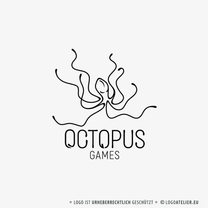Logo Oktopus Games Vielseitig Krake Beine Computerspiel Meer Tier Fisch Spiele Bewegung Cooles Logo kaufen LogoShop LogoAtelier.eu