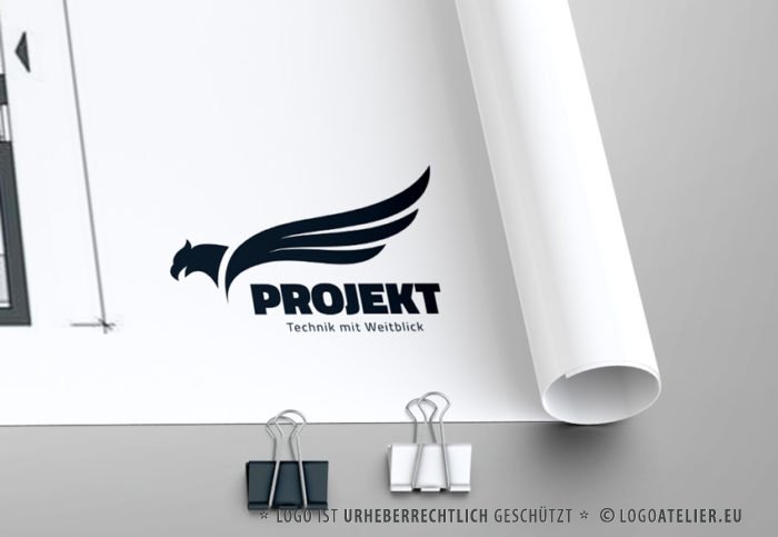 Logo Adler Weitblick Technik Erfahrung Logik Fähigkeiten Intelligenz Scharfsinn Wissen Fliegen Flügel Mut Kraft Weisheit Erkenntnis Fertiges Logo kaufen LogoShop LogoAtelier.eu