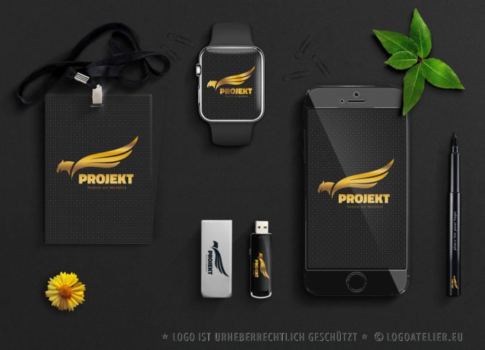 Logo Adler Weitblick Technik Erfahrung Logik Fähigkeiten Intelligenz Scharfsinn Wissen Fliegen Flügel Mut Kraft Weisheit Erkenntnis Fertiges Logo kaufen LogoShop LogoAtelier.eu