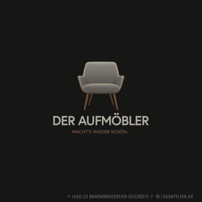 Logo Möbel restaurieren aufmöbeln Sessel Couch Sofa Handgemachtes Handwerker Holz Schreiner Tischler Sessel Sitzen Werkstatt Wohnen 3D Logo Edeles Logo kaufen LogoShop LogoAtelier.eu