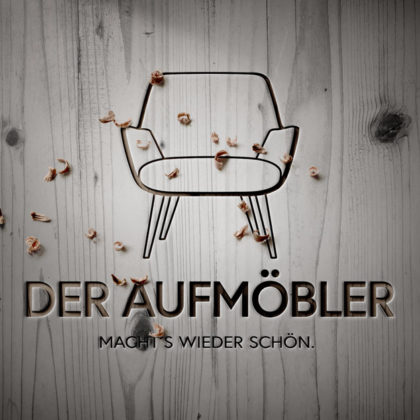 Logo Möbel-restaurieren aufmöbeln Sessel Couch Sofa Handgemachtes Handwerker Holz Schreiner Tischler Sessel Sitzen Werkstatt Wohnen 3D Logo Edeles Logo kaufen LogoShop LogoAtelier