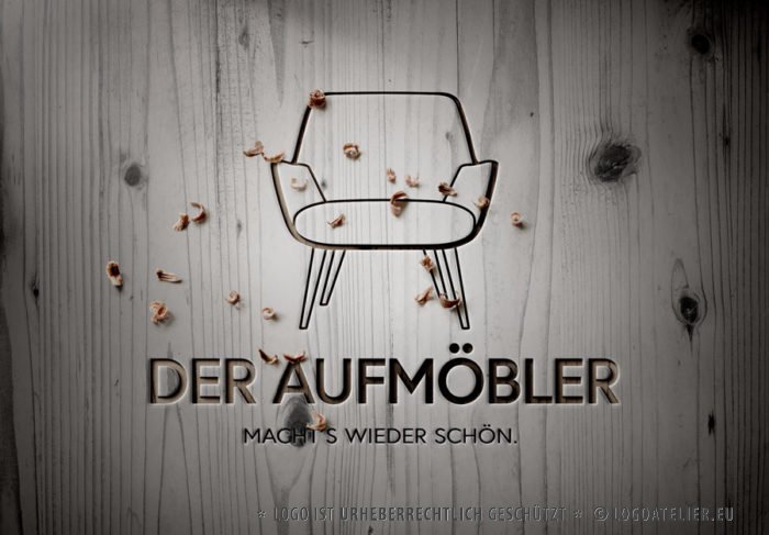 Logo Möbel-restaurieren aufmöbeln Sessel Couch Sofa Handgemachtes Handwerker Holz Schreiner Tischler Sessel Sitzen Werkstatt Wohnen 3D Logo Edeles Logo kaufen LogoShop LogoAtelier