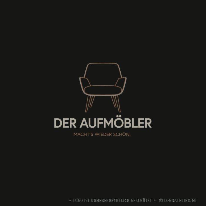 Logo Möbel restaurieren aufmöbeln Sessel Couch Sofa Handgemachtes Handwerker Holz Schreiner Tischler Sessel Sitzen Werkstatt Wohnen 3D Logo Edeles Logo kaufen LogoShop LogoAtelier.eu