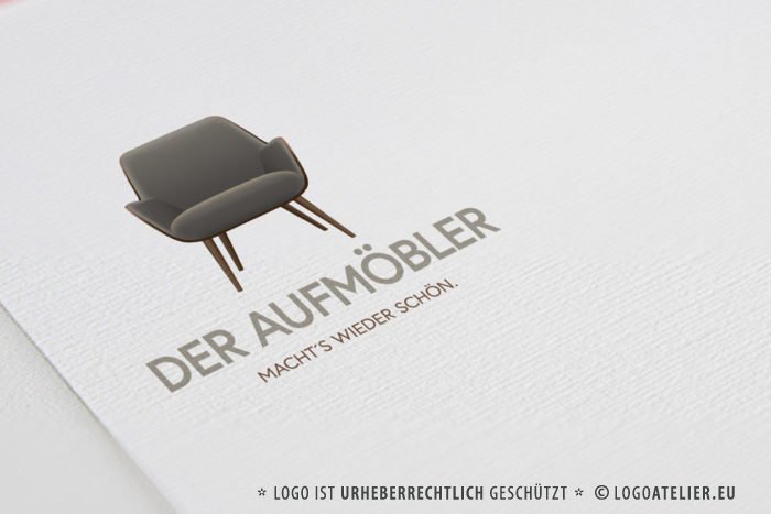 Logo Möbel-restaurieren aufmöbeln Sessel Couch Sofa Handgemachtes Handwerker Holz Schreiner Tischler Sessel Sitzen Werkstatt Wohnen 3D Logo Edeles Logo kaufen LogoShop LogoAtelier