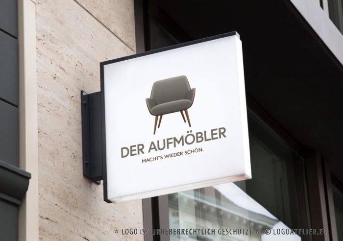 Logo Möbel-restaurieren aufmöbeln Sessel Couch Sofa Handgemachtes Handwerker Holz Schreiner Tischler Sessel Sitzen Werkstatt Wohnen 3D Logo Edeles Logo kaufen LogoShop LogoAtelier