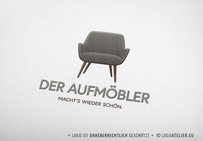 Logo Möbel-restaurieren aufmöbeln Sessel Couch Sofa Handgemachtes Handwerker Holz Schreiner Tischler Sessel Sitzen Werkstatt Wohnen 3D Logo Edeles Logo kaufen LogoShop LogoAtelier