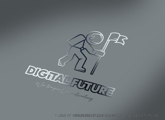 Logo Verantwortungsvoll Zukunft Digital Future Astronaut Raumschiff Ziel Erreichen Neues Exklusives Logo kaufen LogoShop LogoAtelier.eu