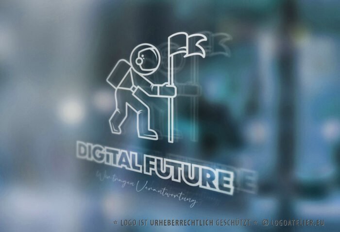 Logo Verantwortungsvoll Zukunft Digital Future Astronaut Raumschiff Ziel Erreichen Neues Exklusives Logo kaufen LogoShop LogoAtelier.eu