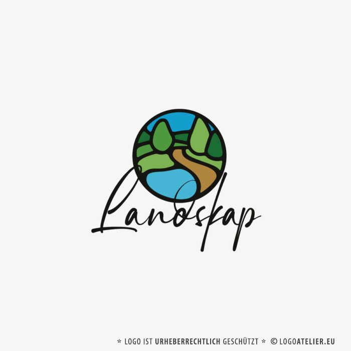 Logo Landschaft Gärtner Landschaftsbauer Natur Frieden Zufrieden Freisein Teich Baum Grün Bauer Schönheit Fertiges Logo kaufen Logoshop LogoAtelier.eu