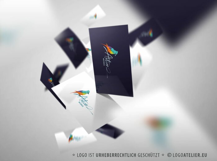 Kreatives Logo Bunter Vogel Tiere AllesInEinem Design Buchstabe Druckerei Initiale Modern Origami Fantasie Farbenfroh Federn Fliegen Flügel Frei Freiheit Weiblich Wissen LogoShop LogoAtelier.eu