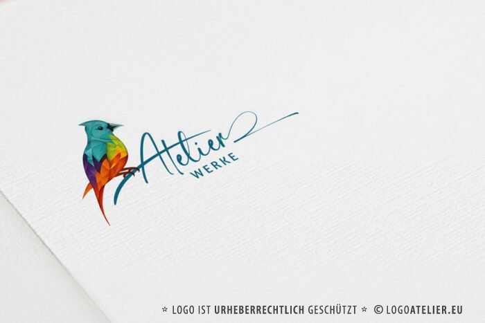 Kreatives Logo Bunter Vogel Tiere AllesInEinem Design Buchstabe Druckerei Initiale Modern Origami Fantasie Farbenfroh Federn Fliegen Flügel Frei Freiheit Weiblich Wissen LogoShop LogoAtelier.eu