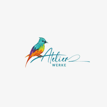 Kreatives Logo Bunter Vogel Tiere AllesInEinem Design Buchstabe Druckerei Initiale Modern Origami Fantasie Farbenfroh Federn Fliegen Flügel Frei Freiheit Weiblich Wissen LogoShop LogoAtelier.eu