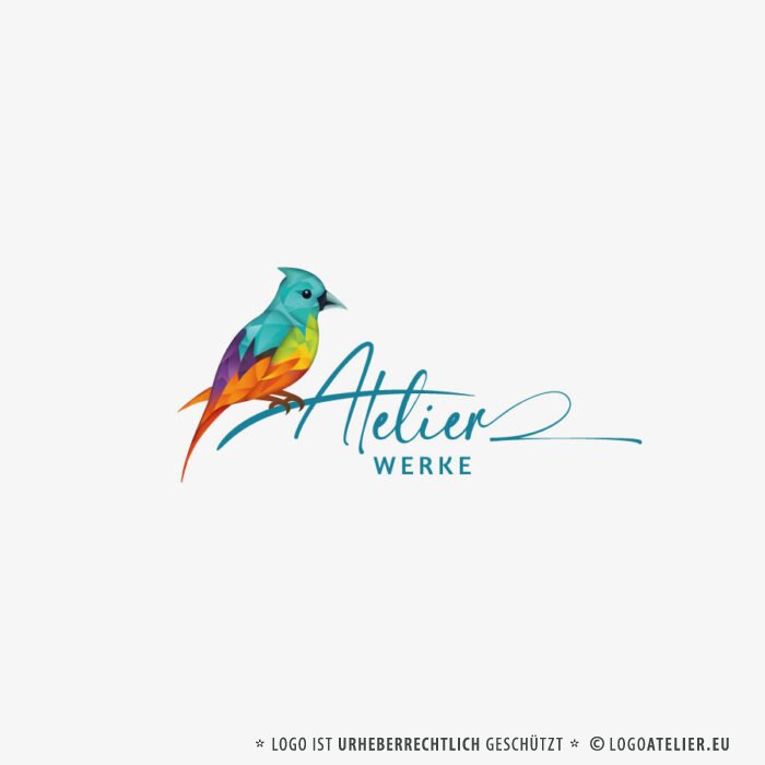 Kreatives Logo Bunter Vogel Tiere AllesInEinem Design Buchstabe Druckerei Initiale Modern Origami Fantasie Farbenfroh Federn Fliegen Flügel Frei Freiheit Weiblich Wissen LogoShop LogoAtelier.eu