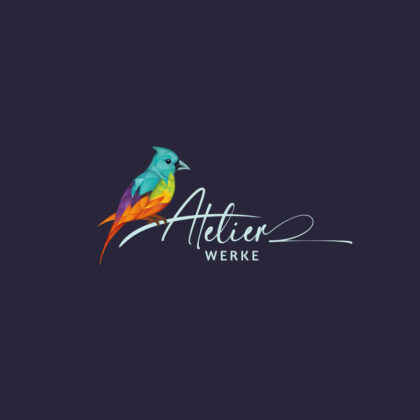 Kreatives Logo Bunter Vogel Tiere AllesInEinem Design Buchstabe Druckerei Initiale Modern Origami Fantasie Farbenfroh Federn Fliegen Flügel Frei Freiheit Weiblich Wissen LogoShop LogoAtelier.eu