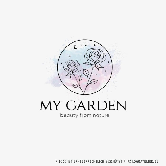 Rose Logo Blumen Natur Garten Schönheit Sterne Zauber Mond Weiblich Sinnlich Spirituell Rosen Fertiges Logo kaufen Logoshop LogoAtelier.eu