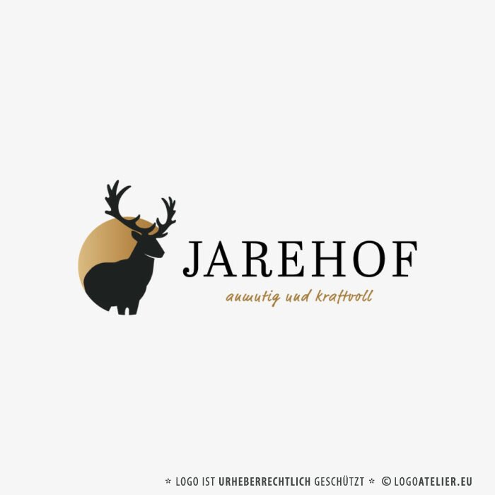Logo Hirsch Wild Rotwild Anmutig Kraftvoll Anmut Golden Hirschgeweih Geweih Reh Mut Stärke Stolz Tiere Wald Männlich Majestätisch Stark Verantwortung Mut Fertiges Logo kaufen LogoShop LogoAtelier.eu