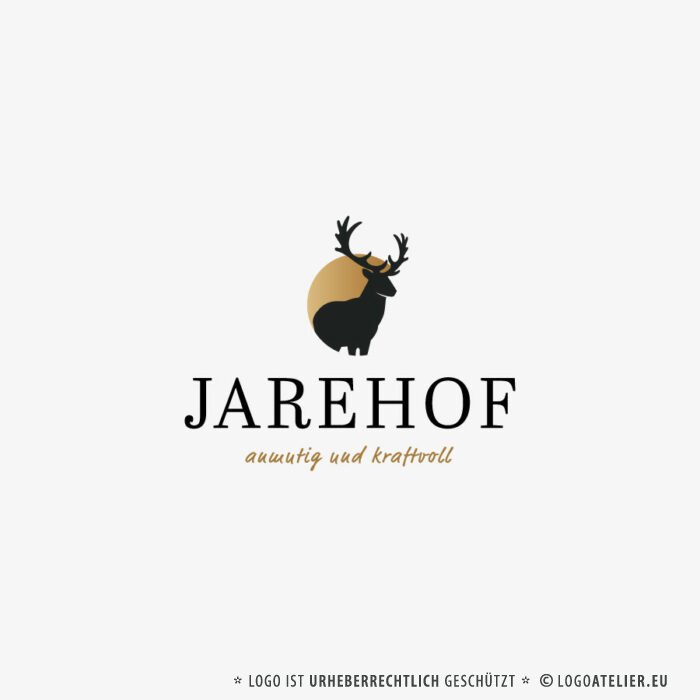 Logo Hirsch Wild Rotwild Anmutig Kraftvoll Anmut Golden Hirschgeweih Geweih Reh Mut Stärke Stolz Tiere Wald Männlich Majestätisch Stark Verantwortung Mut Fertiges Logo kaufen LogoShop LogoAtelier