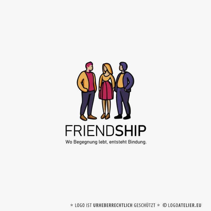 Logo Freundschaft Menschen Gruppe Enge Verbindung Freunde Begegnung Bindungen Dialoge Kommunikation Zusammenhalt Positiv Bunt Gezeichnet Junge Leute Logo kaufen LogoShop LogoAtelier.eu