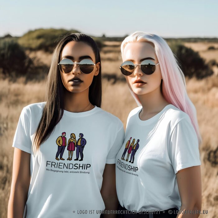 Logo Freundschaft Menschen Gruppe Enge Verbindung Freunde Begegnung Bindungen Dialoge Kommunikation Zusammenhalt Positiv Bunt Gezeichnet Junge Leute Logo kaufen LogoShop LogoAtelier.de