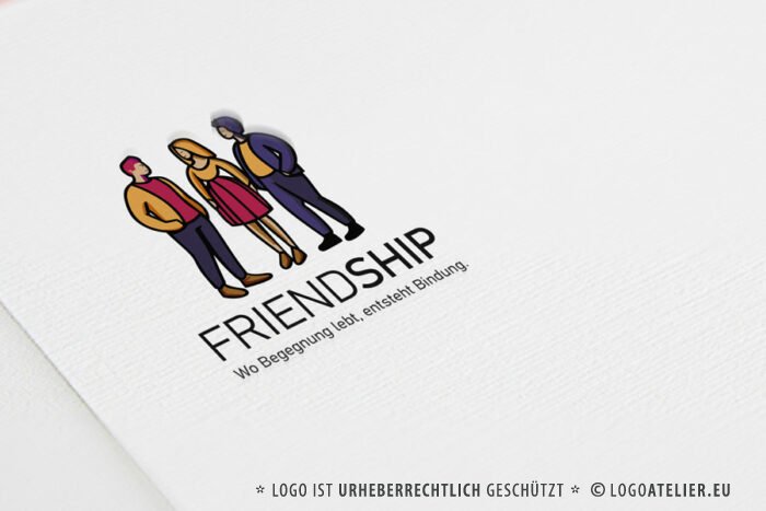 Logo Freundschaft Menschen Gruppe Enge Verbindung Freunde Begegnung Bindungen Dialoge Kommunikation Zusammenhalt Positiv Bunt Gezeichnet Junge Leute Logo kaufen LogoShop LogoAtelier.de