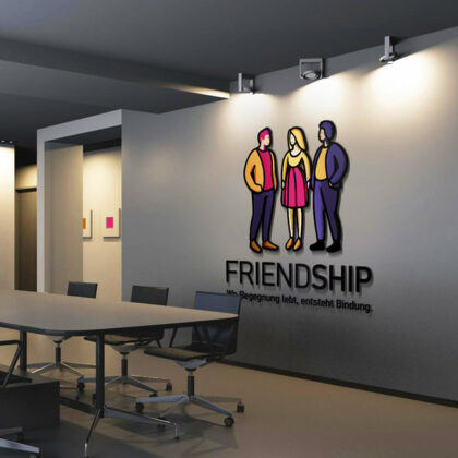 Logo Freundschaft Menschen Gruppe Enge Verbindung Freunde Begegnung Bindungen Dialoge Kommunikation Zusammenhalt Positiv Bunt Gezeichnet Junge Leute Logo kaufen LogoShop LogoAtelier.eu