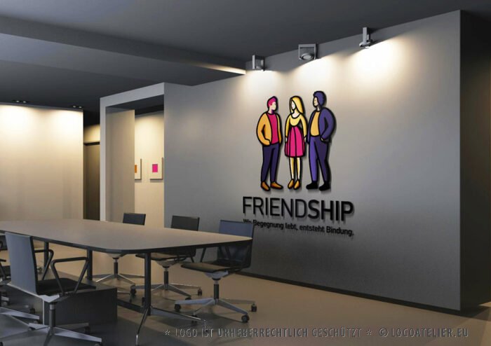Logo Freundschaft Menschen Gruppe Enge Verbindung Freunde Begegnung Bindungen Dialoge Kommunikation Zusammenhalt Positiv Bunt Gezeichnet Junge Leute Logo kaufen LogoShop LogoAtelier.eu
