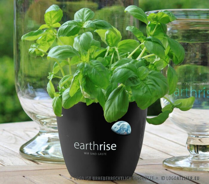 Logo Earthrise Erde Erdenaufgang Naturschutz Achtsam Energie Umweltfreundlich Spirituell Blau Entwicklung Frieden Global Grün Menschen Veränderung Fertiges Logo kaufen Logoshop Logoatelier.eu