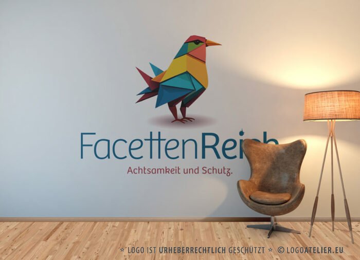 Logo Facettenreich Vogel Bunt Achtsamkeit Schutz Jugend Hilfe Kinder Förderung Einfühlen Berater Fertiges Logo kaufen LogoShop Logoatelier.eu