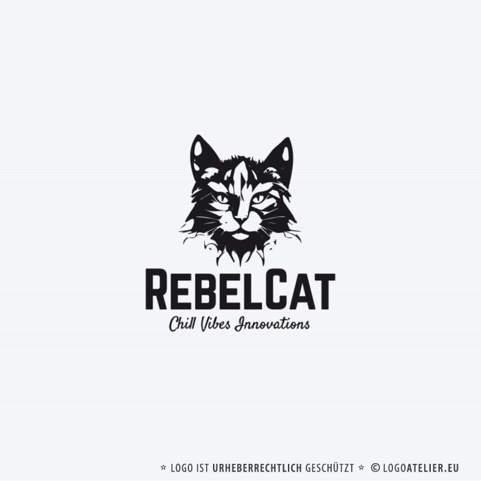 Logo Katzenkopf Scharfer Verstand Genie Gelassenheit Rebell Katze Intelligent Ruhig Gechillt Innovation Vibes Fertiges Logo kaufen Logoshop LogoAtelierl.de