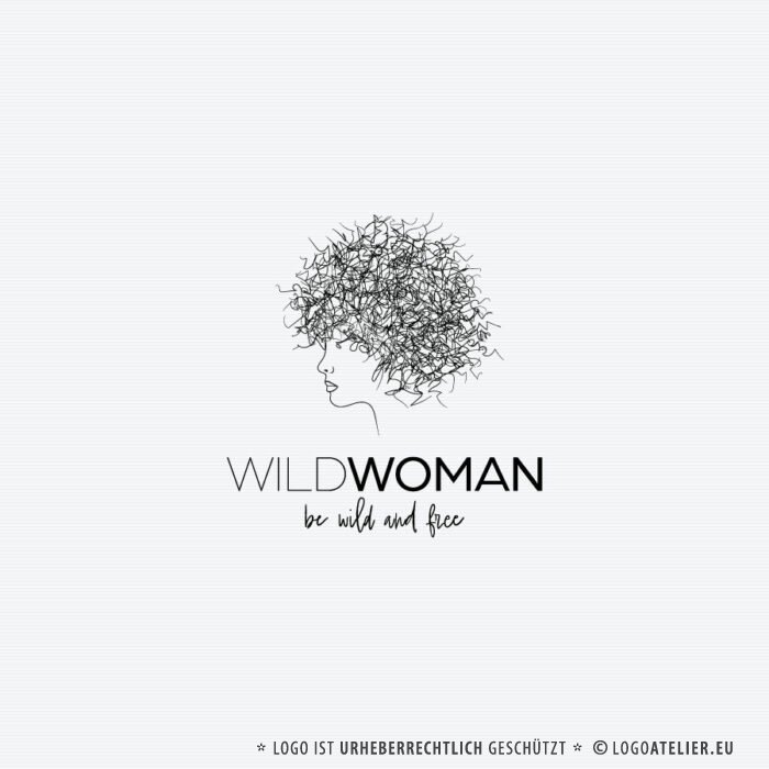 Frauenpower Logo Feminismus Freiheit Frauenkopf Freisein Wild Locken Haare Woman Free Weltfrauentag Management Gleichstellung Fertiges Logo kaufen Logoshop Logoatelier