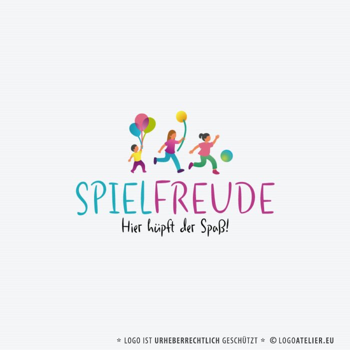 Logo Kinder Spielen Freude Spaß Hüpfen Ball Luftballon Lernen Bewegen Kindlich Liebe Lebensfreude Fertiges Logo kaufen Logoshop Logoatelier.eu