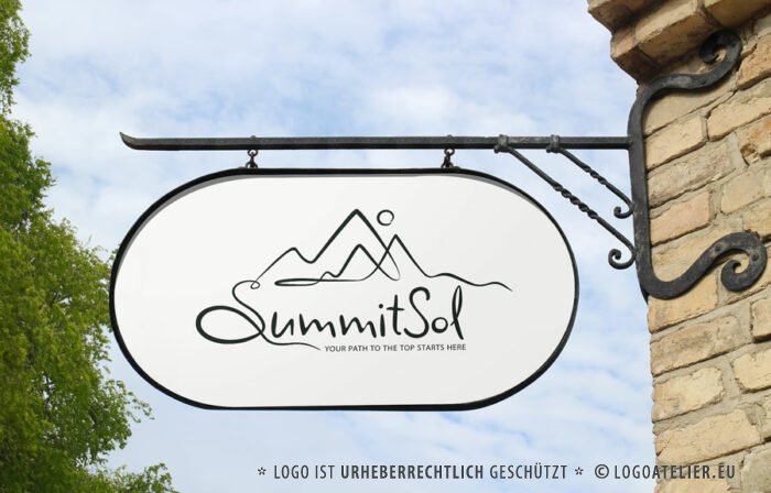 Logo Gipfel Sonne Summit Sol Sinn des Lebens Klarheit Erkenntnis Kurve Linie Berge Urlaub Erholung Weisheit Gipfelrausch Wichtiges Identität Ziele Freiheit Fertiges Logo kaufen Logoshop Logoatelier.eu