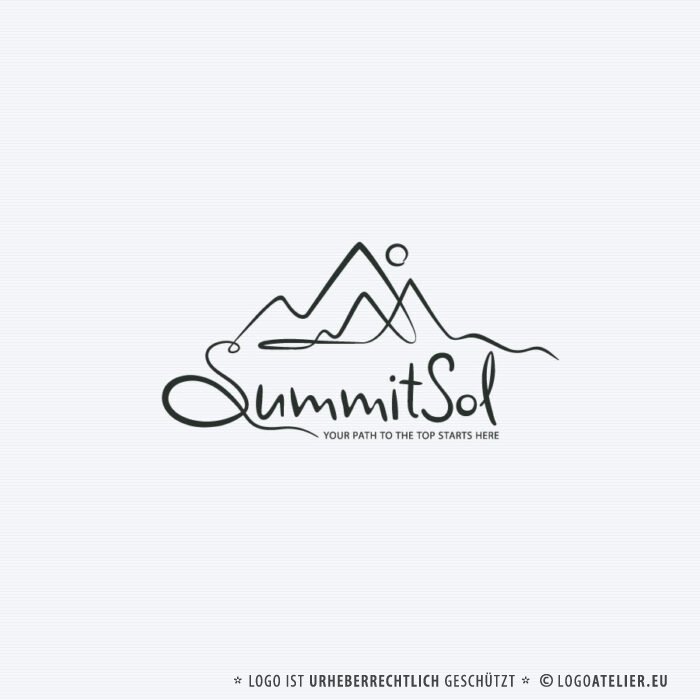 Logo Gipfel Sonne Summit Sol Sinn des Lebens Klarheit Erkenntnis Kurve Linie Berge Urlaub Erholung Weisheit Gipfelrausch Wichtiges Identität Ziele Freiheit Fertiges Logo kaufen Logoshop Logoatelier.eu