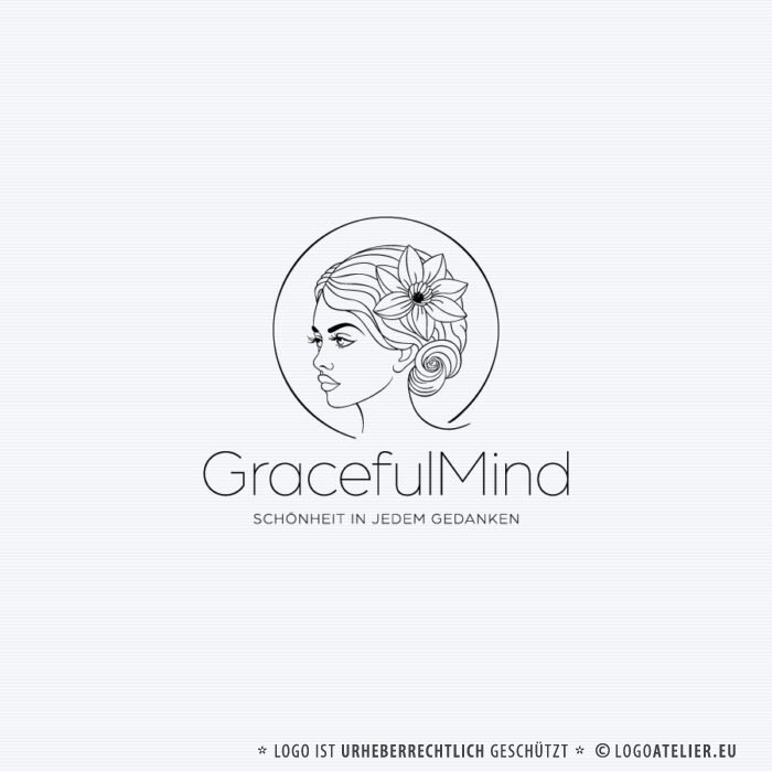 Logo Anmut Intelligenz Schönheit Geist Verstand Wortgewandt Ausdruckskraft Freiheit Gedanken Blumen Frau Woman Frauenlogo Intellekt Stärke Weisheit Fertiges Logo kaufen Logoshop LogoAtelier.eu