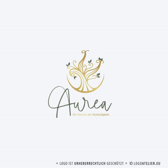 Logo Goldener Baum Beständig Aurea Eiche Transformation Spirit Wachstum Ewig Natur Wunder Kraftvoll Emotionen Seele Bewusstsein Spirituell Fertiges Logo kaufen Logoshop Logoatelier.eu