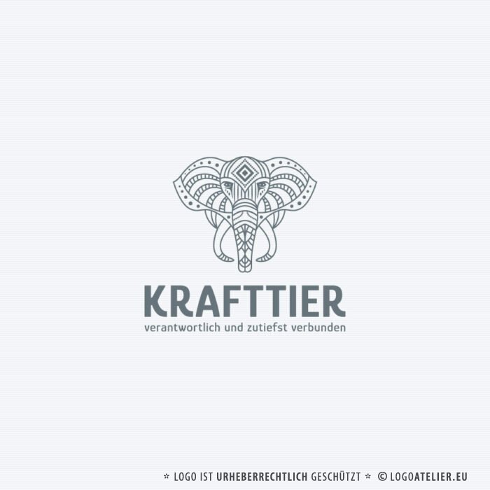 Logo Krafttier Elefant Verbundenheit Verantwortung Stärke Größe Intelligenz Fürsorge Mitfühlend Weisheit Glück Liebe Geduld Güte Scharfsinn Souverän Fertiges Logo kaufen Logoshop Logoatelier.eu