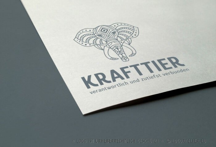 Logo Krafttier Elefant Verbundenheit Verantwortung Stärke Größe Intelligenz Fürsorge Mitfühlend Weisheit Glück Liebe Geduld Güte Scharfsinn Souverän Fertiges Logo kaufen Logoshop Logoatelier.eu