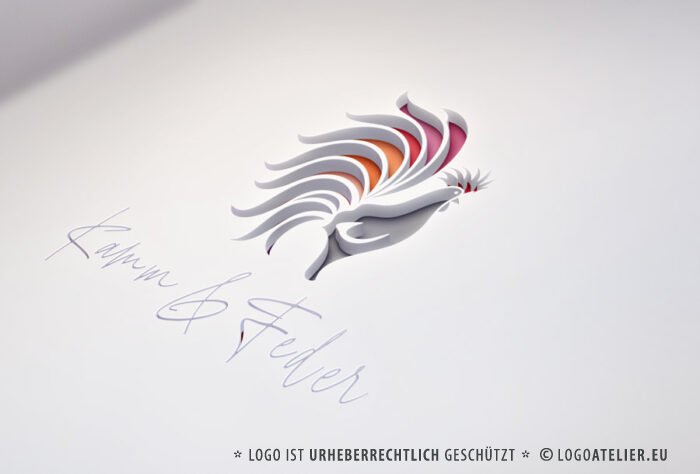 Logo Bunter Hahn Kamm Feder Kreatives Logo Laut Krähen Rock Fantasie Farbenfroh Männlich Hahnenkamm Stolz Posieren Gockl Fertiges Logo kaufen Logoatelier.eu