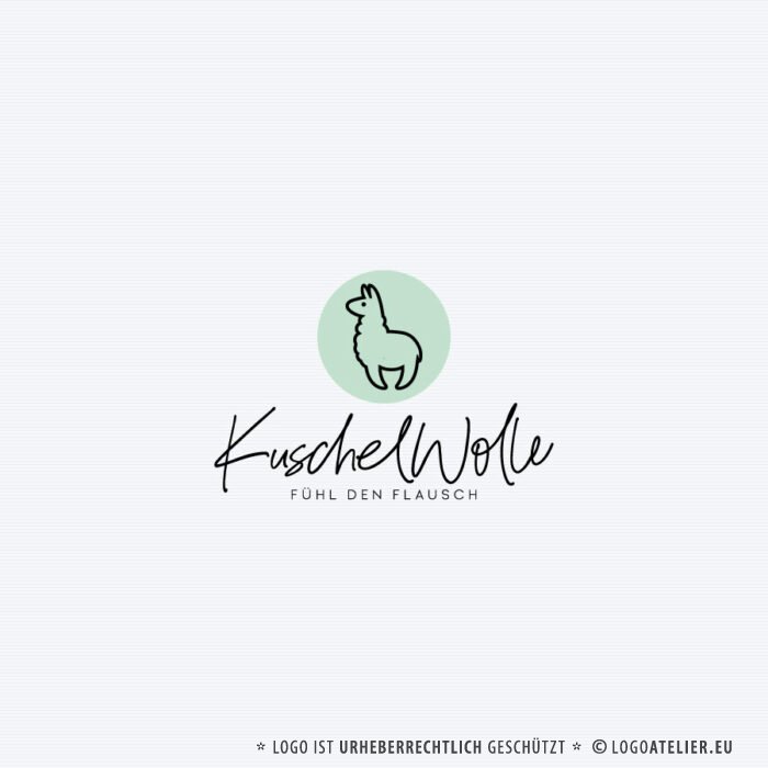 Logo Lama Alpaka Wolle Wolle Kuschel Flauschig Gezeichnet Abenteuer Tiere Ruhe Glück Gelassenheit Innere Balance Spucken Fertiges Logo kaufen Logoshop Logoatelier