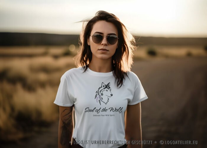 Spirituelles Logo Wolf Seele Federn Leichtigkeit Mystik Wölfin Naturverbunden Kunst Heilig Wild Geist Umarmen Annehmen Schamane Fertiges Logo kaufen Logoshop Logoatelier.eu