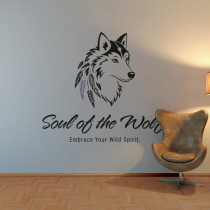 Spirituelles Logo Wolf Seele Federn Leichtigkeit Mystik Wölfin Naturverbunden Kunst Heilig Wild Geist Umarmen Annehmen Schamane Fertiges Logo kaufen Logoshop Logoatelier.eu