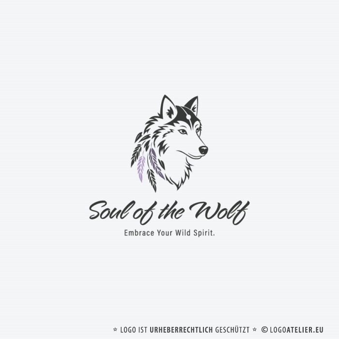 Spirituelles Logo Wolf Seele Federn Leichtigkeit Mystik Wölfin Naturverbunden Kunst Heilig Wild Geist Umarmen Annehmen Schamane Fertiges Logo kaufen Logoshop Logoatelier.eu