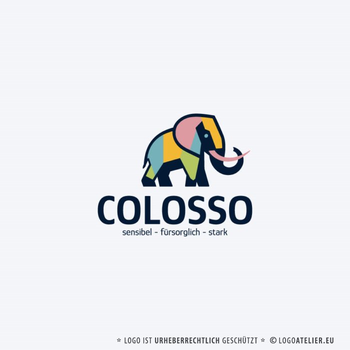 Exklusives Mammut Logo Elefant Kollosal Sensibel Fürsorglich Stark Bunt Farbenfroh Kraftvolles Logo kaufen Logoshop Logoatelier.at